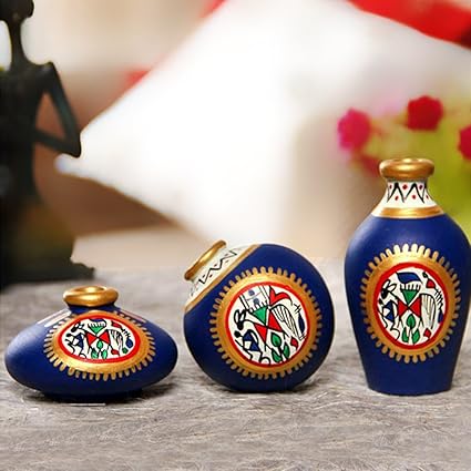 ExclusiveLane Warli Hand-Painted Living Room & Home Decorative Flower Pots Showpieces Terracotta Pots Set (7.6 cm x 7.6 cm x 9.1 cm, Blue, Set of 3, Mini Pots)