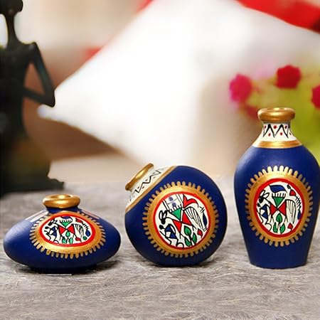ExclusiveLane Terracotta Warli Hand-Painted Home Decorative Miniature Small Pots Set (9.4 cm x 9.4 cm x 8.9 cm, Blue, Set of 3)