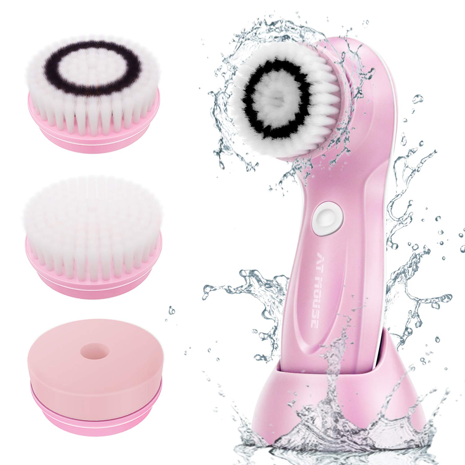 Electric Facial Cleansing Brush, Rechargeable Face Cleanser Waterproof - Spin Face Brush for Deep Cleansing, Gentle Exfoliating and Massaging, 3 Brush Heads with 2 Power Modes, Pink