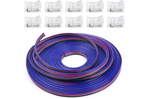 iCreating 50ft RGB 4 Wire Cable 22 AWG, 4Pin RGB Wire with 10PCS LED Strip Connector 22 Gauge 4 Colors RGB LED Wire Strand 4 Conductor Wire 22 GA RGB LED Strip Wire for RGB LED Strips 3528 5050