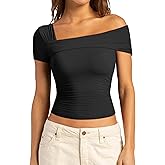 SUUKSESS Women One Off The Shoulder Summer Tank Tops Ruched Short Sleeve Shirts