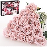 Cloudecor 15Pcs Pink Roses Artificial Flowers Fake Roses Long Stem Velet Rose Silk Flowers for Home Wedding Decoration (Round Roses,Pale Pink)
