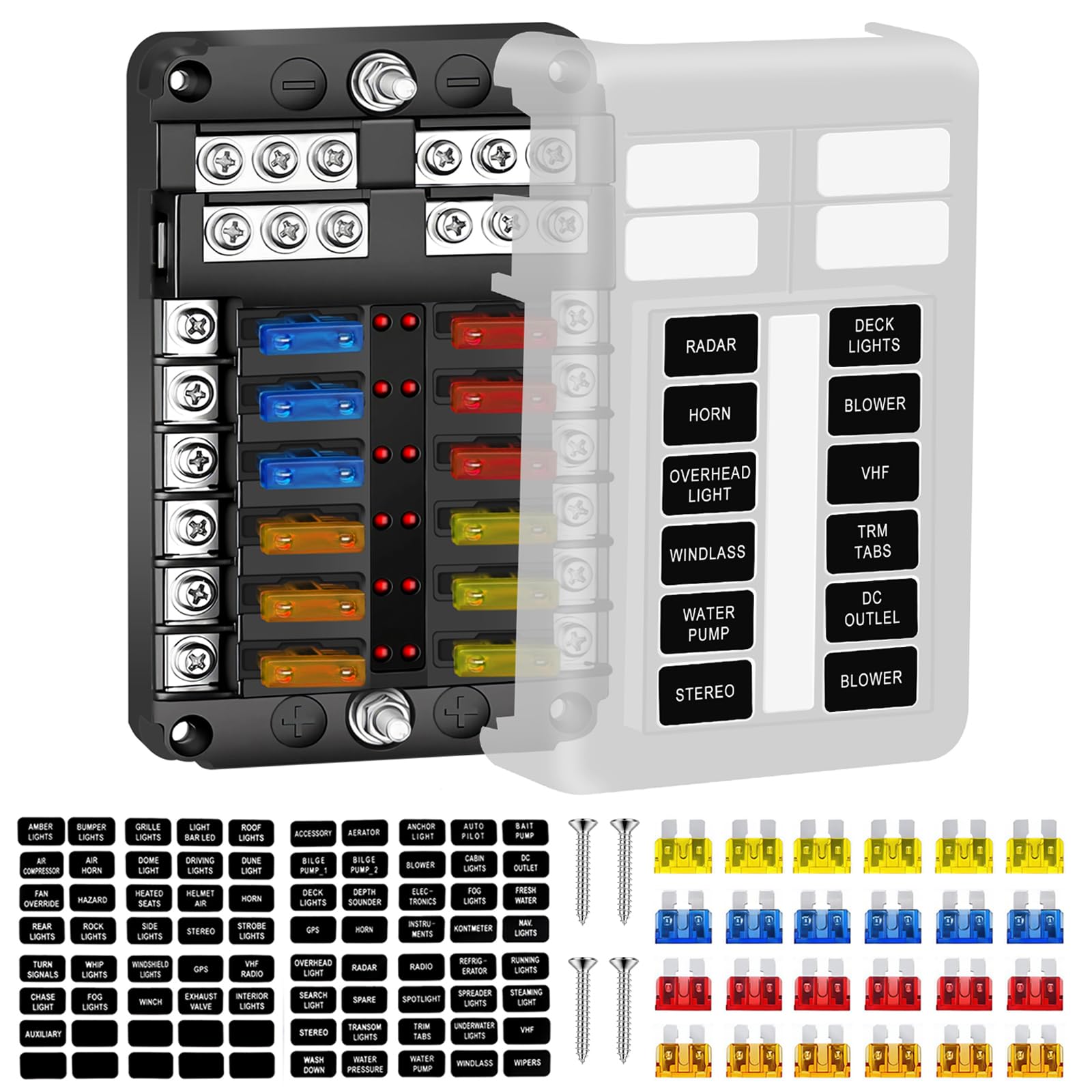 Geloo 12 Way Fuse Box, Blade Fuse Block Holder with Negative Bus LED Indicator and Protection Cover for Car Boat Marine Truck SUV Yacht RV