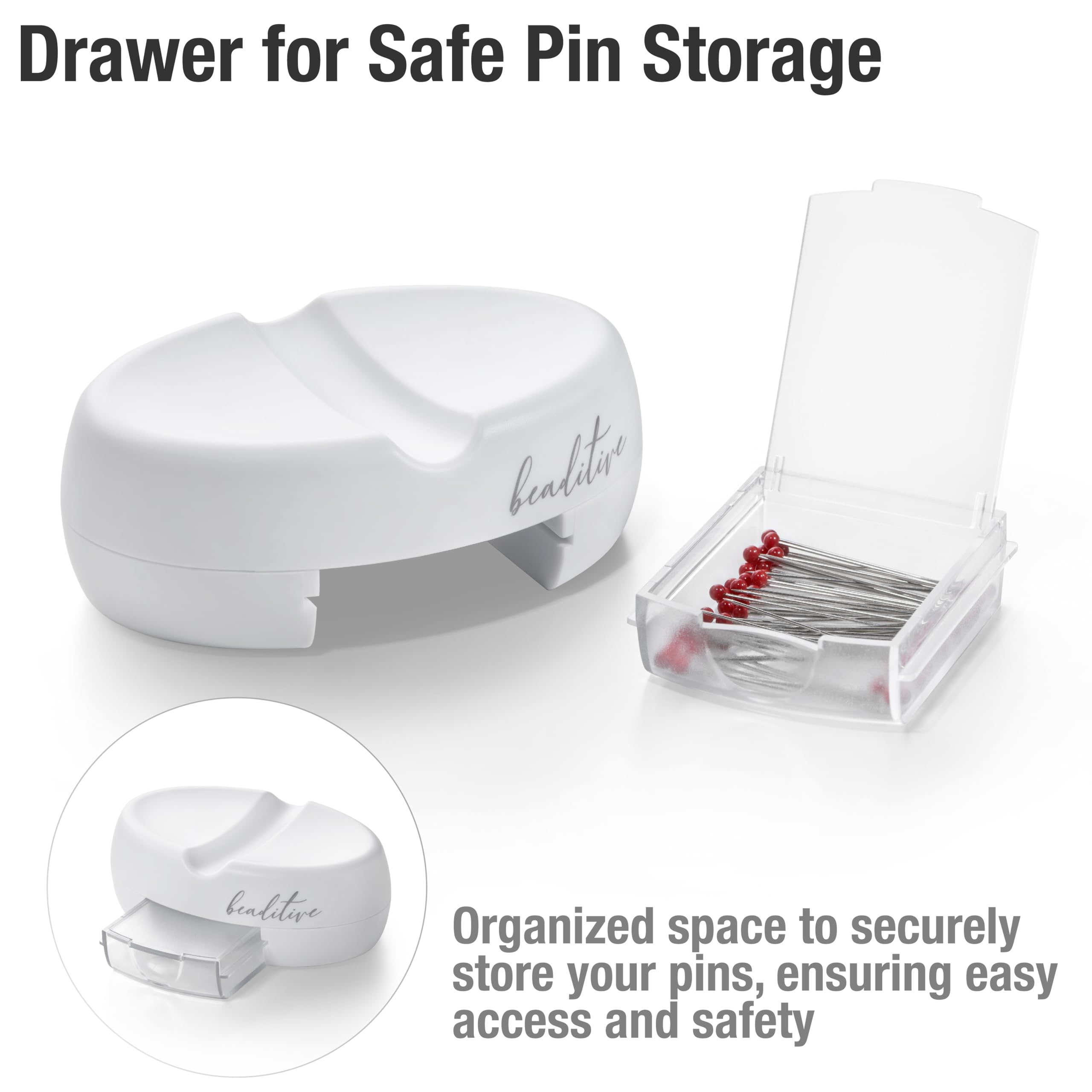 Beaditive Magnetic Pin Cushion with Drawer - Strong Magnet Pin Holder Cushions for Sewing - 50 Glass Head Quilting Pins Included - Chic Pincushion Caddy for Sewing Pins, Paper Clips, Screws – White
