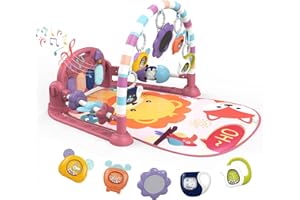 dearlomum Baby Play Mat Baby Gym,Funny Play Piano Tummy Time Baby Activity Mat with 5 Infant Sensory Baby Toys, Music and Lights Boy & Girl Gifts for Newborn Baby 0 to 3 6 9 12 Months (New Pink)