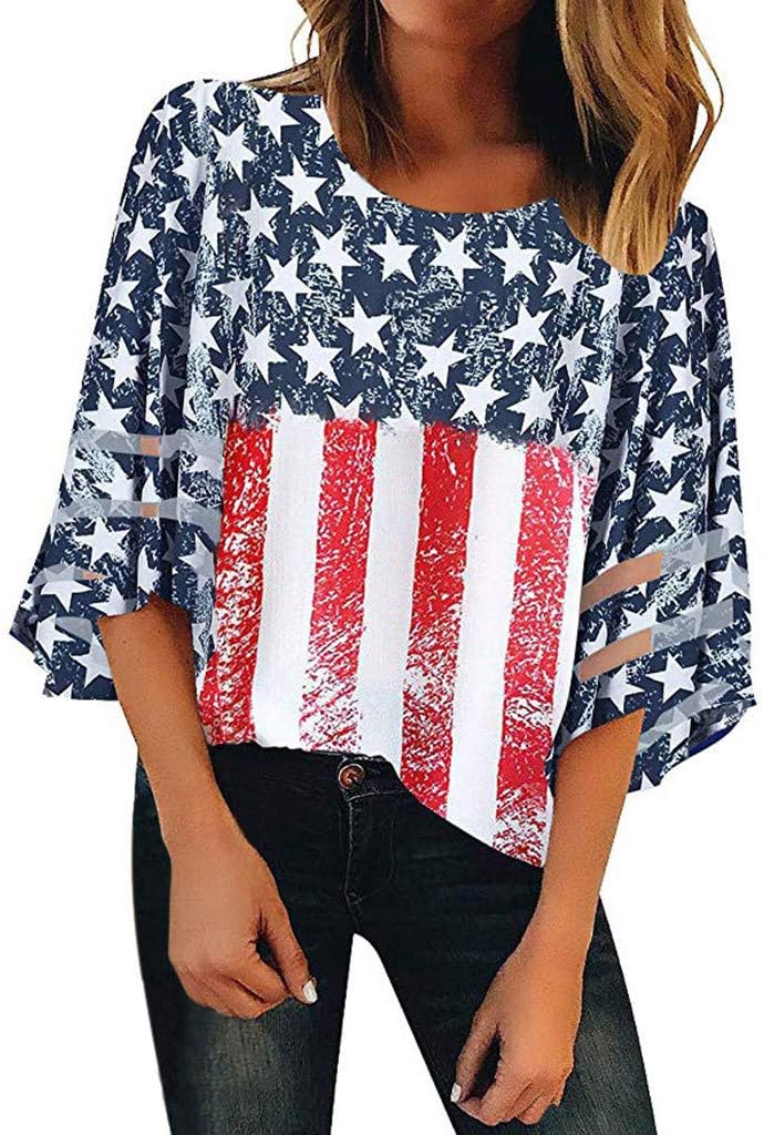 Misaky Women's American Flag Off Shoulder Mesh Panel Blouse 3/4 Bell Sleeve Top Shirt