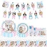 DOFE Cat Party Supplies Birthday Tableware Set Includes Plates, Napkins, Cups,Cutlery,Backdrop Banner Party Favors Kitten Girls Birthday Party Decorations Supplies Serves 24 Guests.