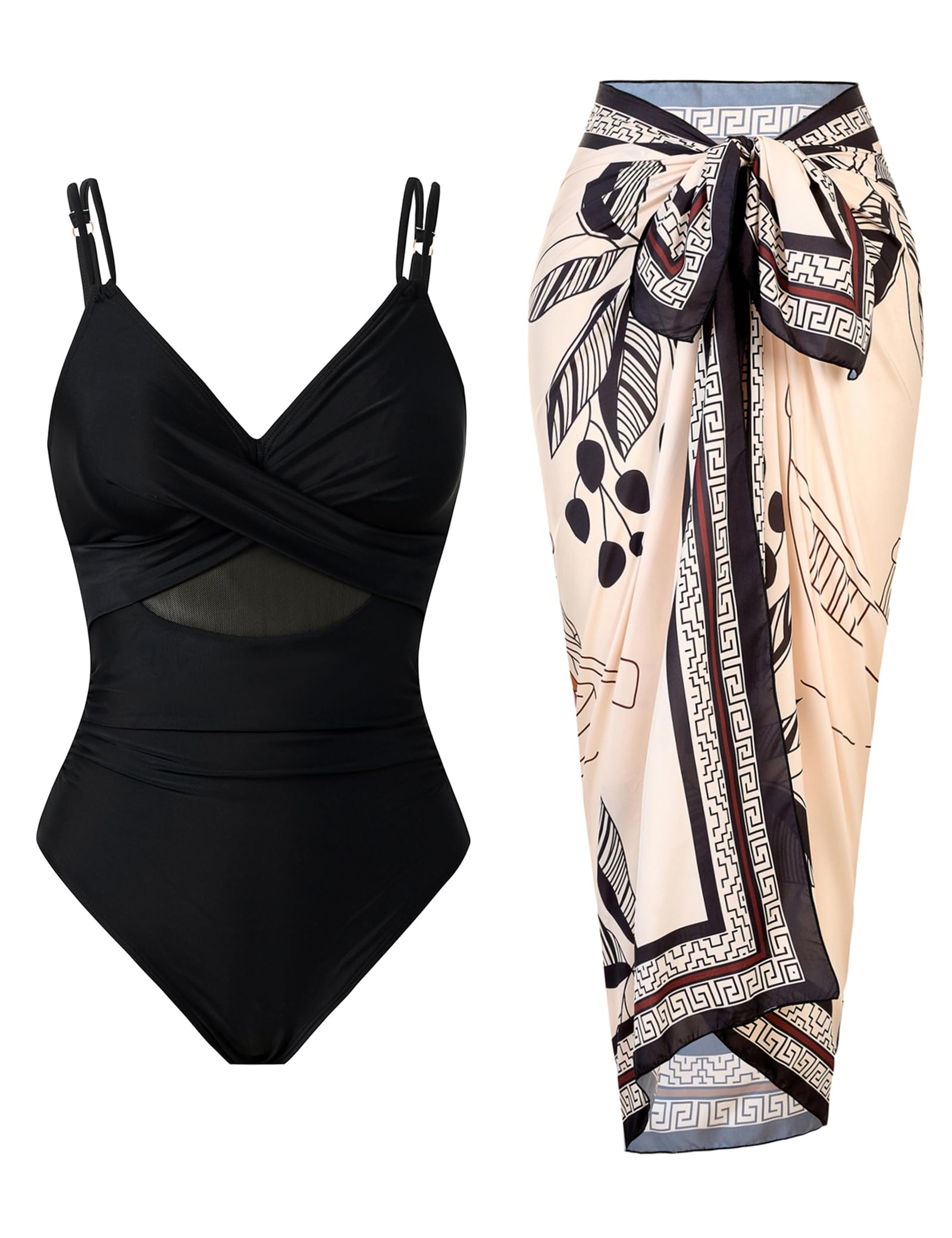 Photo 1 of ININSANI Women’s One Piece Mesh Swimsuit Tummy Control Slimming Bathing Suit with Wrap Skirt Cover Up Set Black