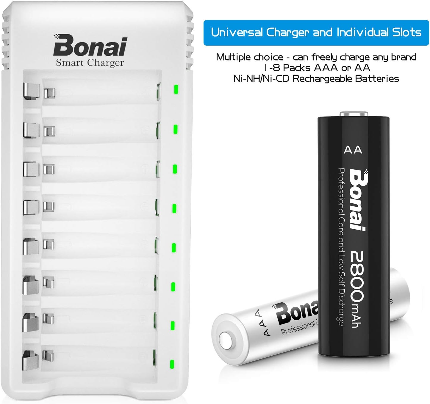 BONAI Universal Battery Charger 8 Slots, with 4 AA 2800mAh and 4 AAA 1100mAh Ni-MH Rechargeable Batteries, USB 8 Slots Quick Charger - Image 3