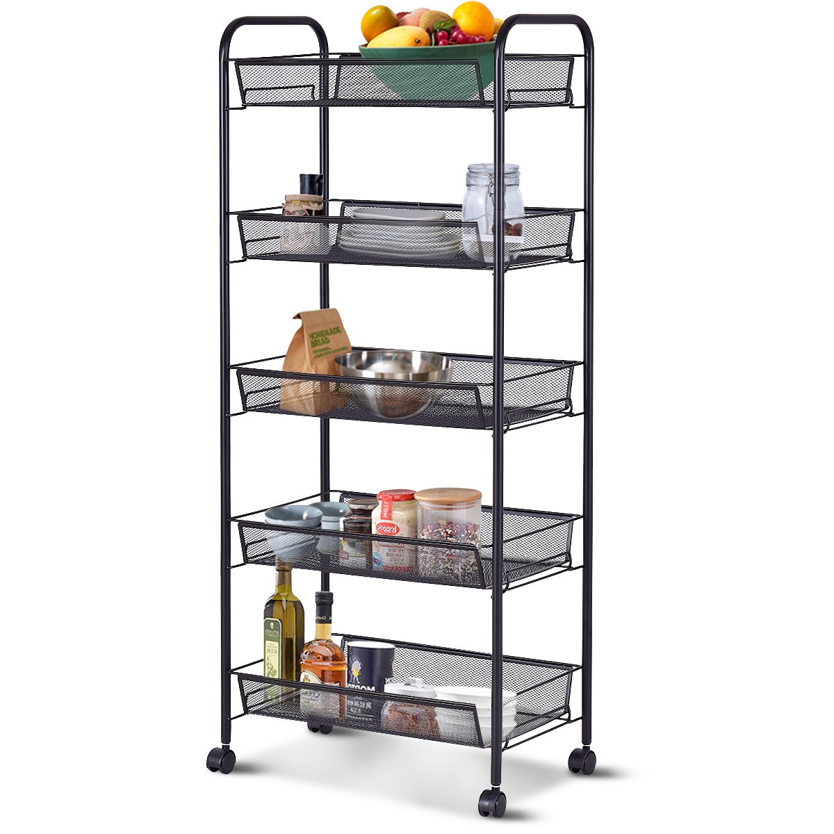 Giantex Storage Rack Trolley Cart Home Kitchen Organizer Utility Baskets (5 Tier, Black)