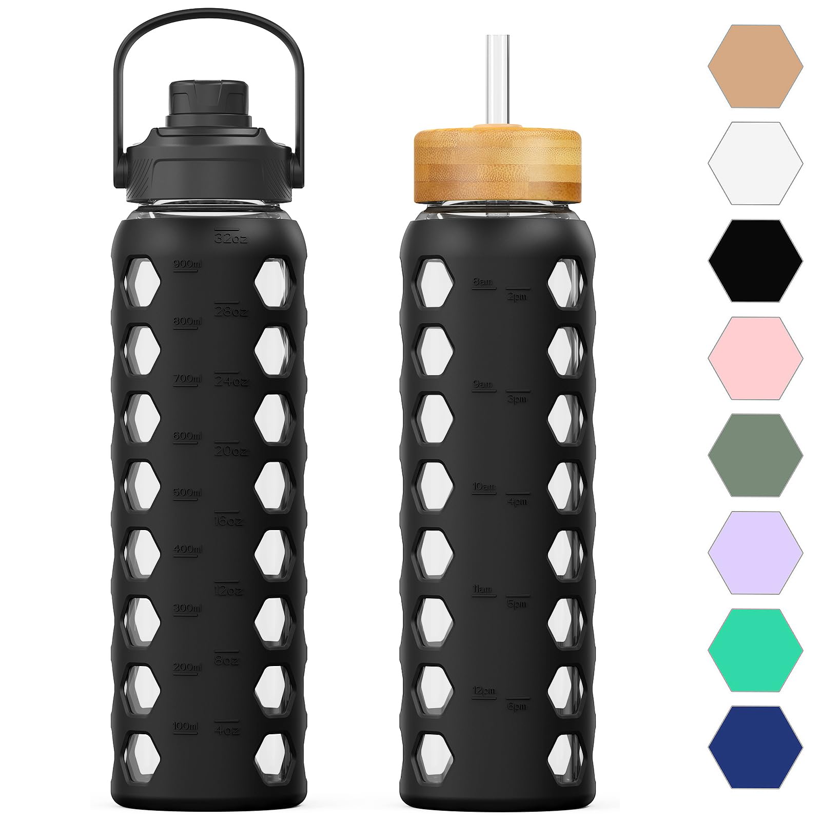 HYDRAGLAZIC 950ML Glass Water Bottle with 2 Flip and Bamboo Straw Lids Sports Water Tumbler with Time Reminder and Silicone Sleeve Leak-proof BPA Free, Black