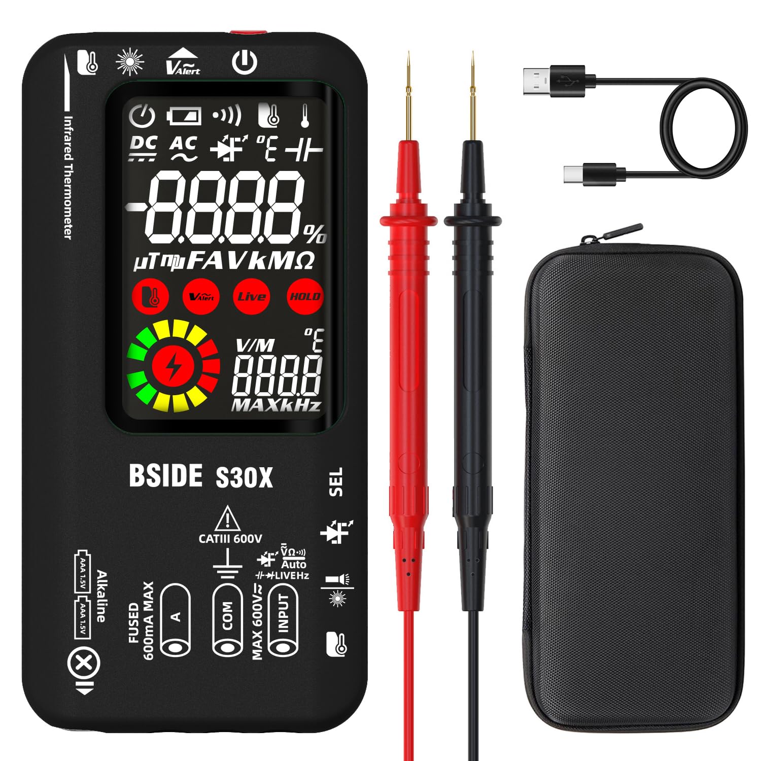 BSIDE Smart Digital Multimeter with IR Thermometer 12:1 High Voltage Diode Tester 9999 Counts Dual Powered Electrical Tester Multifunction Voltage Capacitance Meter for HVAC LED Automotive Electronic