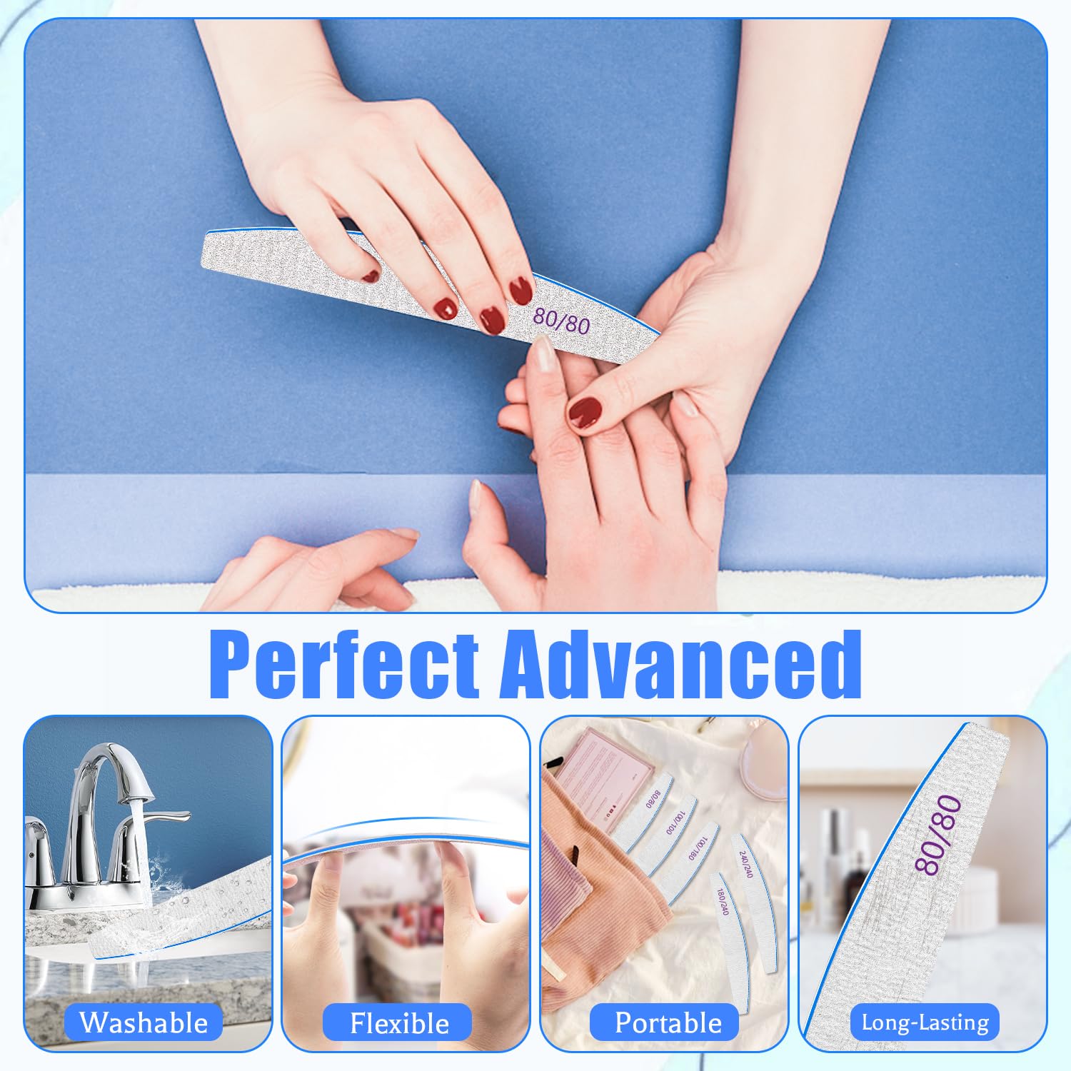 12 PCS Nail Files for Acrylic Nails, 80/80 Grit Nail File for Poly Nail Extension Gel Emery Boards Nail Files Doubled Sides Coarse Washable Nail File Manicure Tools for Home and Salon Use