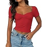 TiulZial Women's Short Sleeve Going Out Crop Top Sexy Pleated Cute Shirt Sweetheart Neck Y2K Ruched Cropped Tops