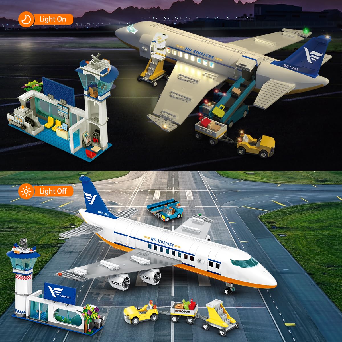 HOGOKIDS Passagierflugzeug Bauspielzeug Set mit LED Licht, 901 PCS Flugzeug Bausteine Spielzeug mit Terminal, Radarturm, Anhänger, Flugzeug-Modell Geschenke für Jungen Mädchen ab 6 7 8 9 10 Jahre 2