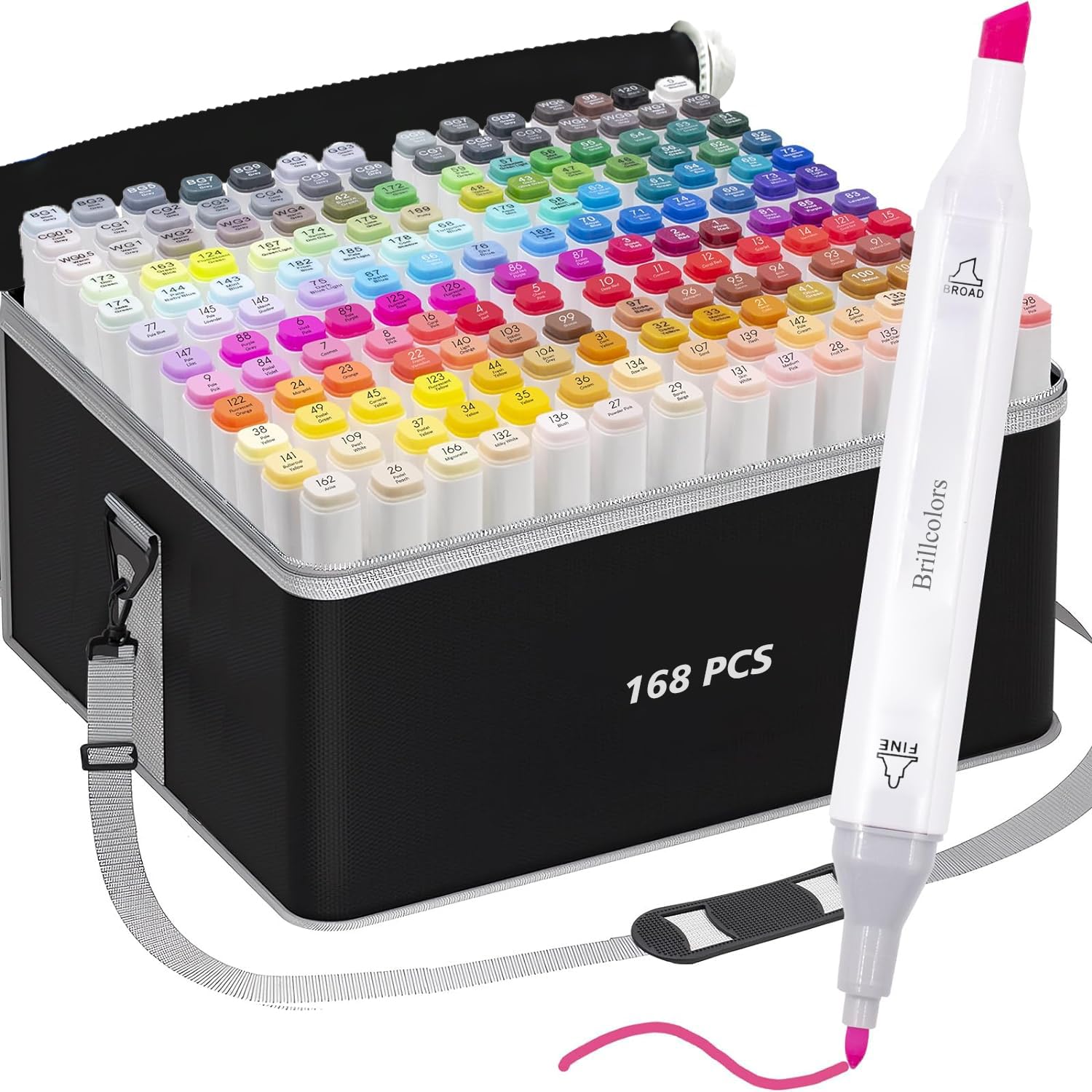 Brillcolors 168 Colors Alcohol Markers Set with Base Dual Tip Drawing Markers for Comics Coloring Sketching Illustration (168 White) -Refillable Image