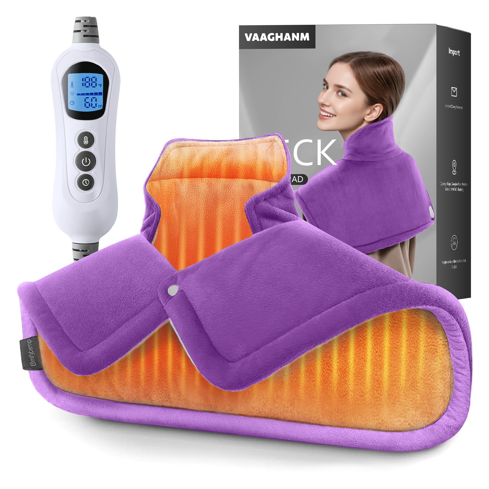 VAAGHANM Heating Pad: Electric Heat Pad for Pain Relief-Weighted Instant Heating Pads for Neck and Shoulders-6 Heat Options & 6 Auto Timer Mode-Gifts for Mom Women -Purple Image