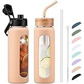 Kodrine Water Bottle with Straw, 24 oz Glass water Bottle with 2 Lids Bamboo Straw Lid and Spout Lid with Handle, 32 oz Clear Water Bottle Glass for Sports Travel, Waterbottle with Time Marker