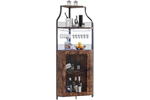 TackView Corner Bar Cabinet with LED Strip & Glass Holder,5-Tier Rustic Brown Liquor & Wine Storage, Adjustable Shelf for Hom