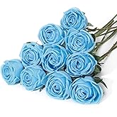 Coferset 10 Pcs Baby Blue Fake Roses,Artificial Silk Rose Flowers with Long Stems,Realistic Faux Roses for Vase Home Wedding Table Centerpieces Baby Shower Decor