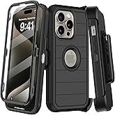 for iPhone 15 Pro Max Case with Belt Clip Holster,Built-in Screen Protector,Heavy Duty Shockproof Drop Protection Military Grade 3 Layers Rugged Phone Cover with Kickstand for Apple 15 ProMax (Black)