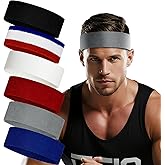 6 Pack Sweatbands for Women Men, Premium Cotton Terry Headbands - Moisture Wicking, Non-Slip Sports Headband for Running, Yoga, Gym, Tennis, Basketball, Workout