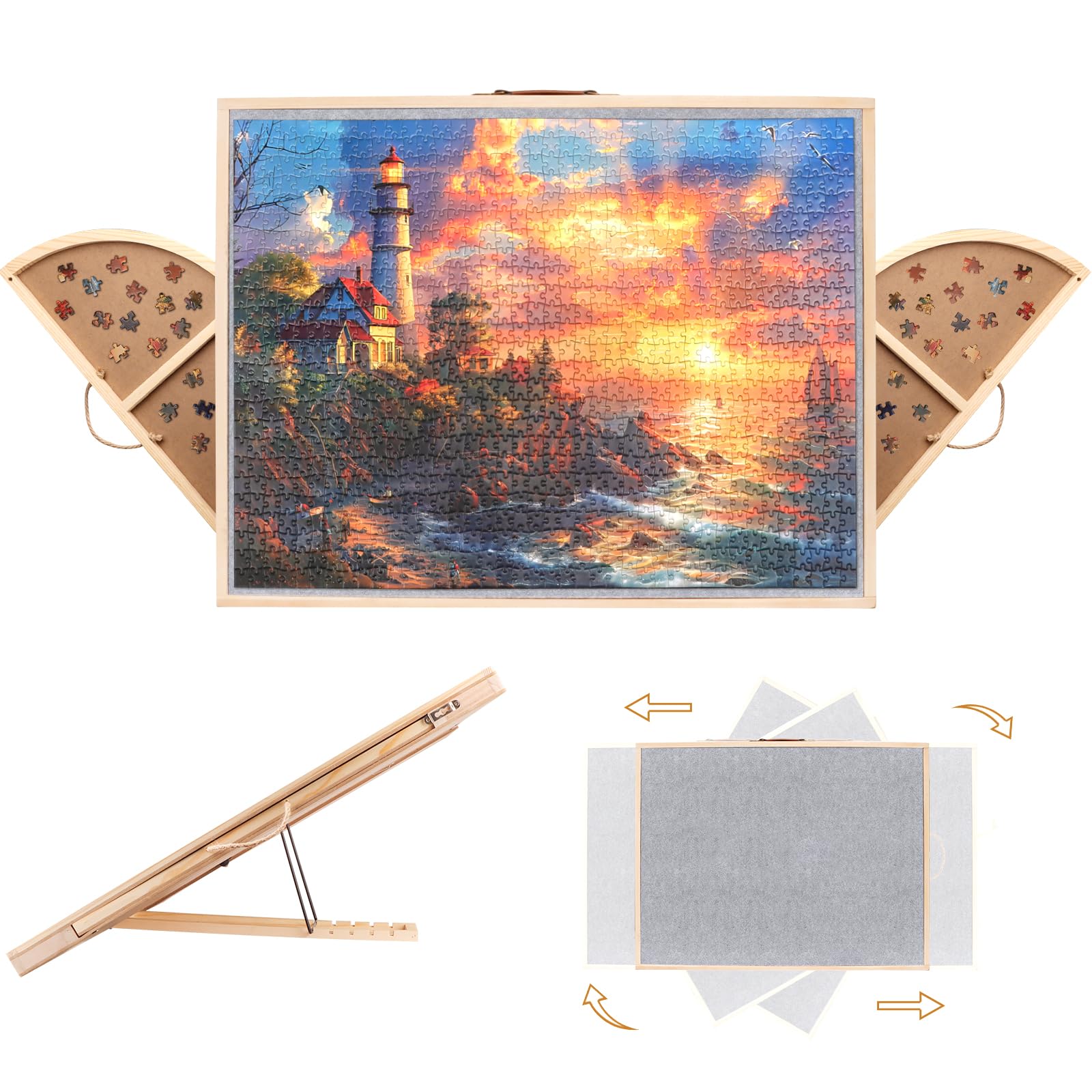 Photo 1 of 2 in 1 Rotating Tilting Puzzle Board with Drawers, 1500 Piece Jigsaw Puzzle Board with Protective Cover 4 Wheels 4 Sorting Trays, Puzzle Table for Puzzle Lovers, 35 X 27 Inch