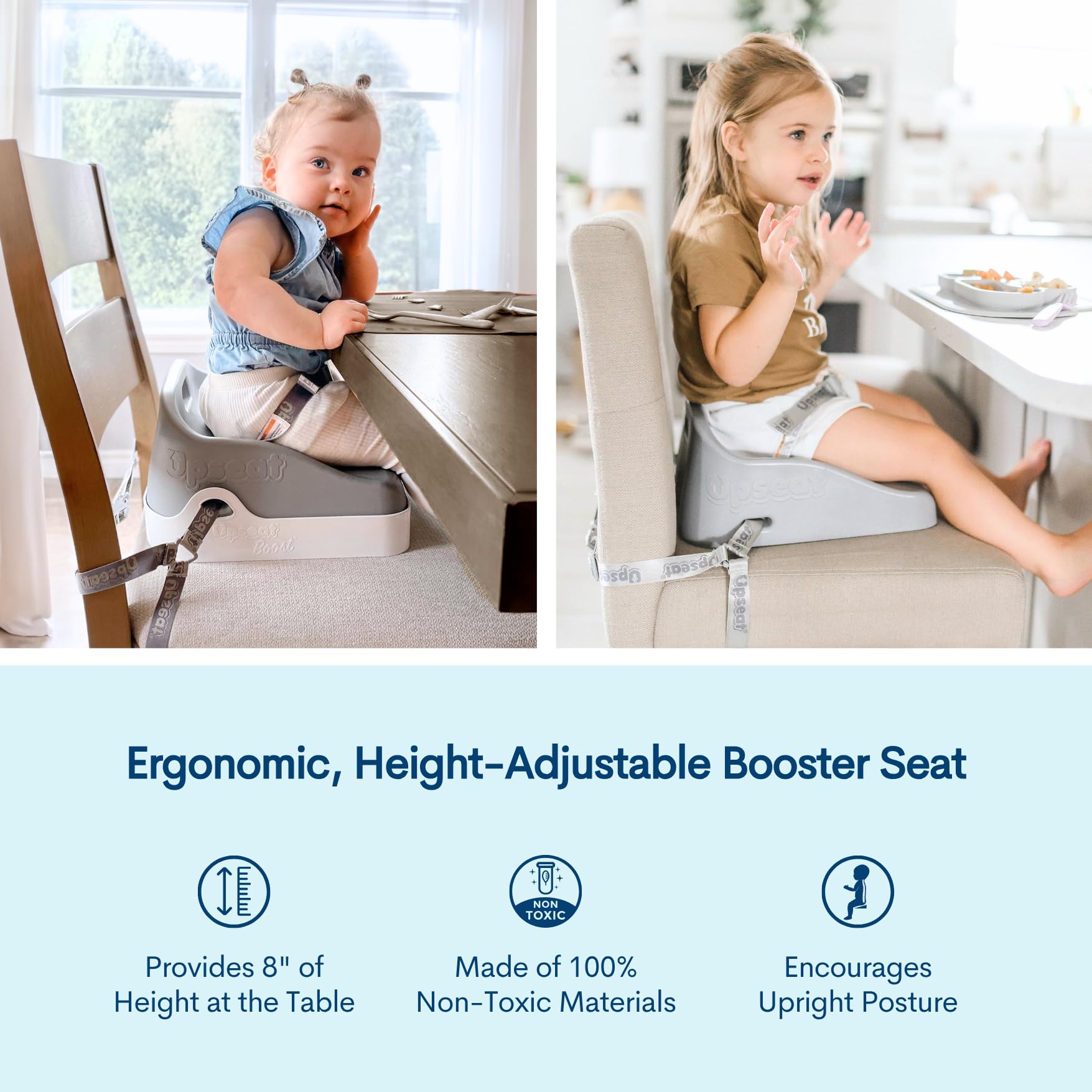 Upseat Boost Ergonomic Toddler Booster Seat for Dining Table, Developed with Physical Therapists to Encourage Posture, 3-Point Harness, Easy to Wipe Clean, and Lightweight Gray