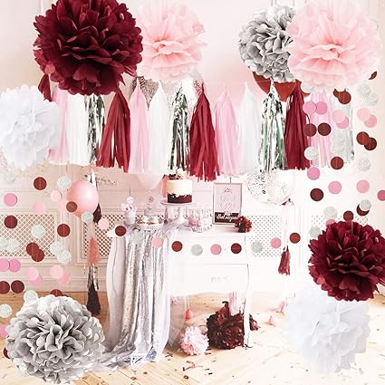 Qian S Party Bridal Shower Decorations Burgundy Pink White Silver