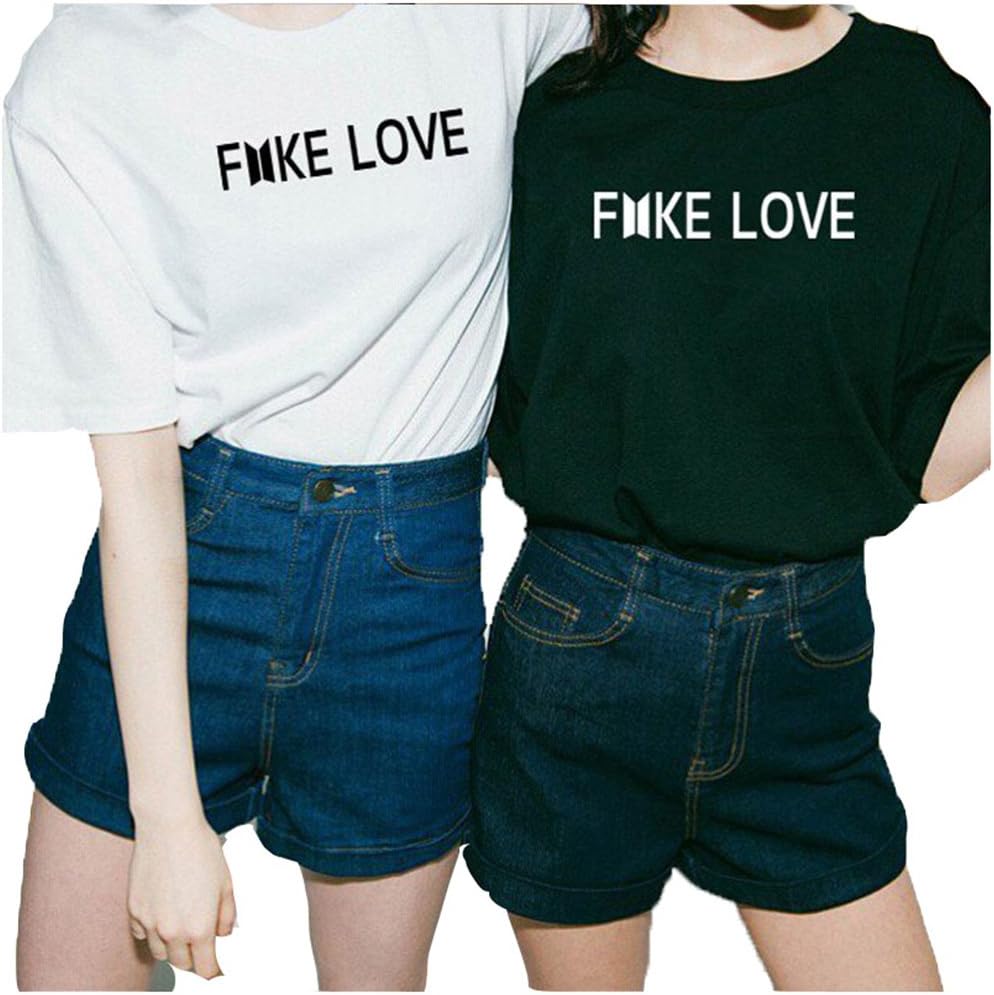 Enmeng Womens Causal Fake Love Printed T-Shirt Hip Hop Tops Best Friend Shirts (S, Black)