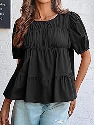 Tankaneo Womens Puff Sleeve Peplum Babydoll Tops