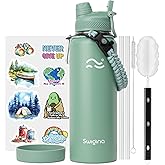 Swigina [2-IN-1 LID] Insulated Water Bottle with Silicone Boot (36hrs Cold/18hrs Hot) - DIY Stickers, Leakproof, BPA Free, 40 oz