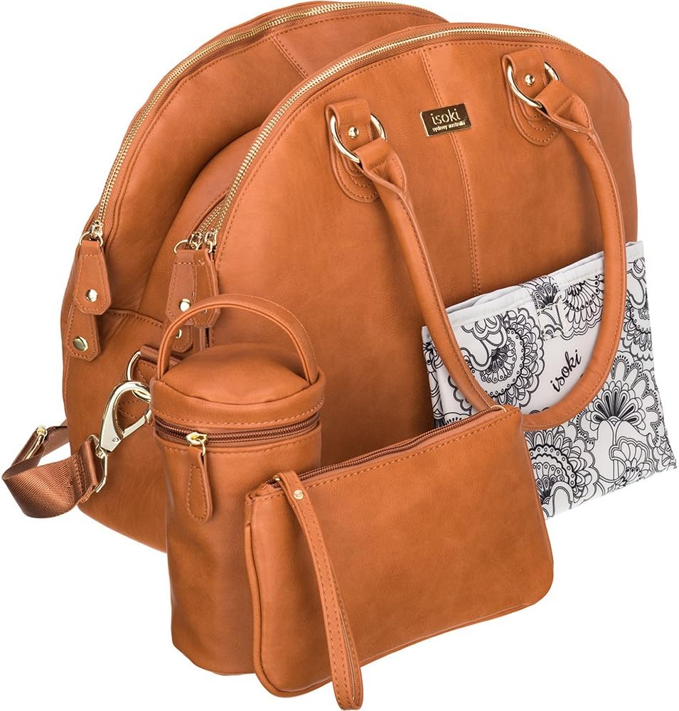 Isoki Madame Polly Tan Baby Diaper Bag for Mom Large Faux Leather Travel Tote for Boy or Girl Stylish Organizer Bags with Full Size Changing Pad, Purse, Insulated Bottle Holder, and Stroller Straps