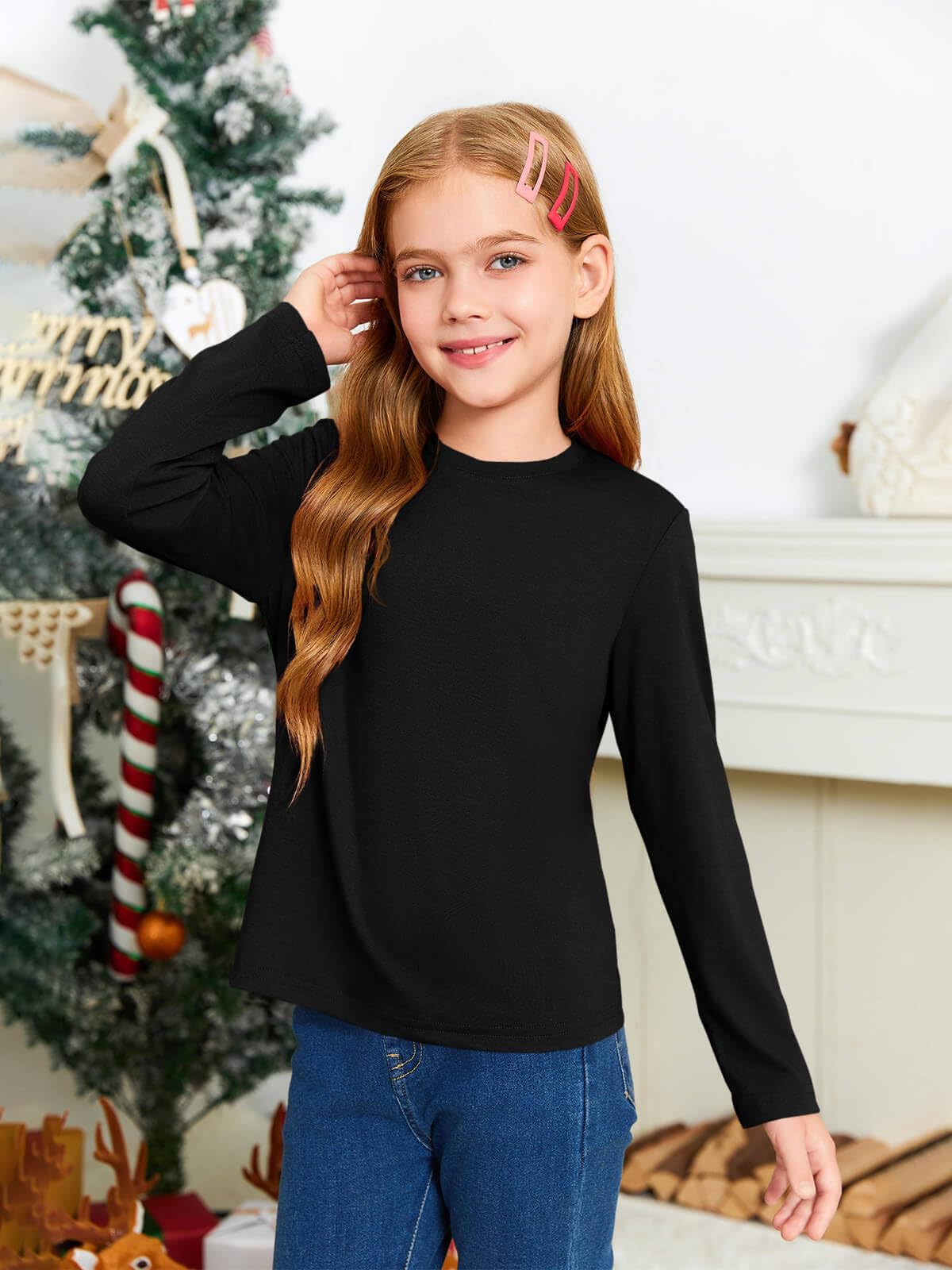 Haloumoning Girls Long Sleeve T Shirts Kids Fall Tops Crewneck Basic Tees 5-14Y