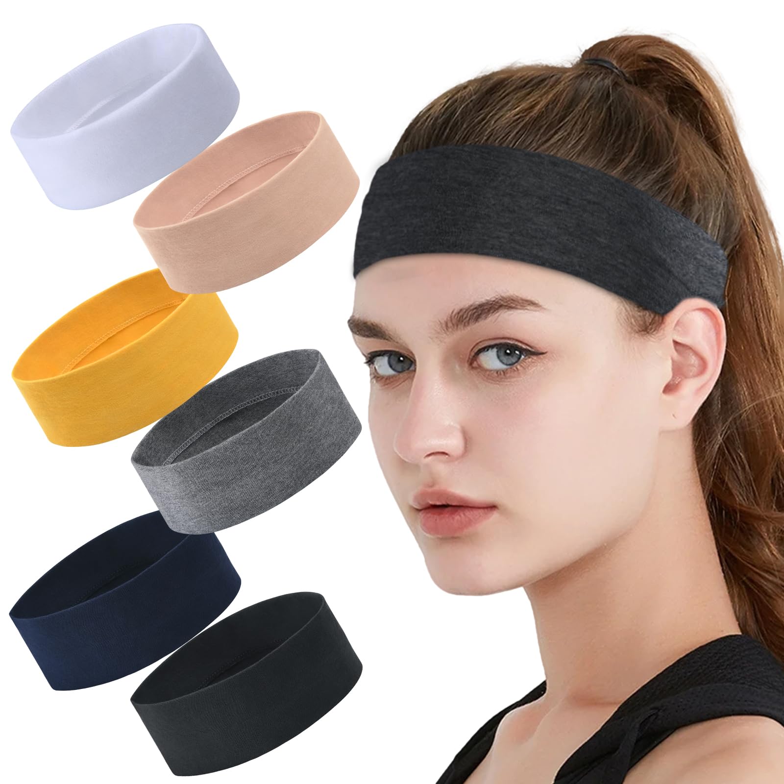 URAQT Sports Headband, 6 Pieces Elastic Head Bands Hairband Yoga Cotton Headbands, Unisex Fitness Exercise Headwear Non-Slip Sweatband for Men and Women, Sports, Workout, Running, Cycling and Yoga