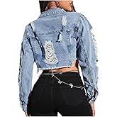 GORGLITTER Women's Ripped Raw Hem Cropped Denim Jacket Long Sleeve Distressed Frayed Jean Jackets