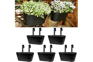 LOVOUS 5 Pack Railing Planter for Outdoor Plants Balcony Hanging Flower Pots with Detachable Hooks Metal Hanging Planters for Fence Garden Yard Patio Porch Home Decor,Black
