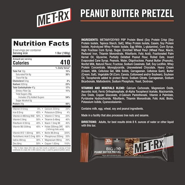 MET-RX BIG 100 COLOSSAL PROTEIN BARS, GREAT AS HEALTHY MEAL REPLACEMENT, SNACK, AND HELP SUPPORT ENERGY, PEANUT BUTTER PRETZEL, WITH VITAMIN A, VITAMIN C, AND ZINC, 100 G, (PACK OF 9)