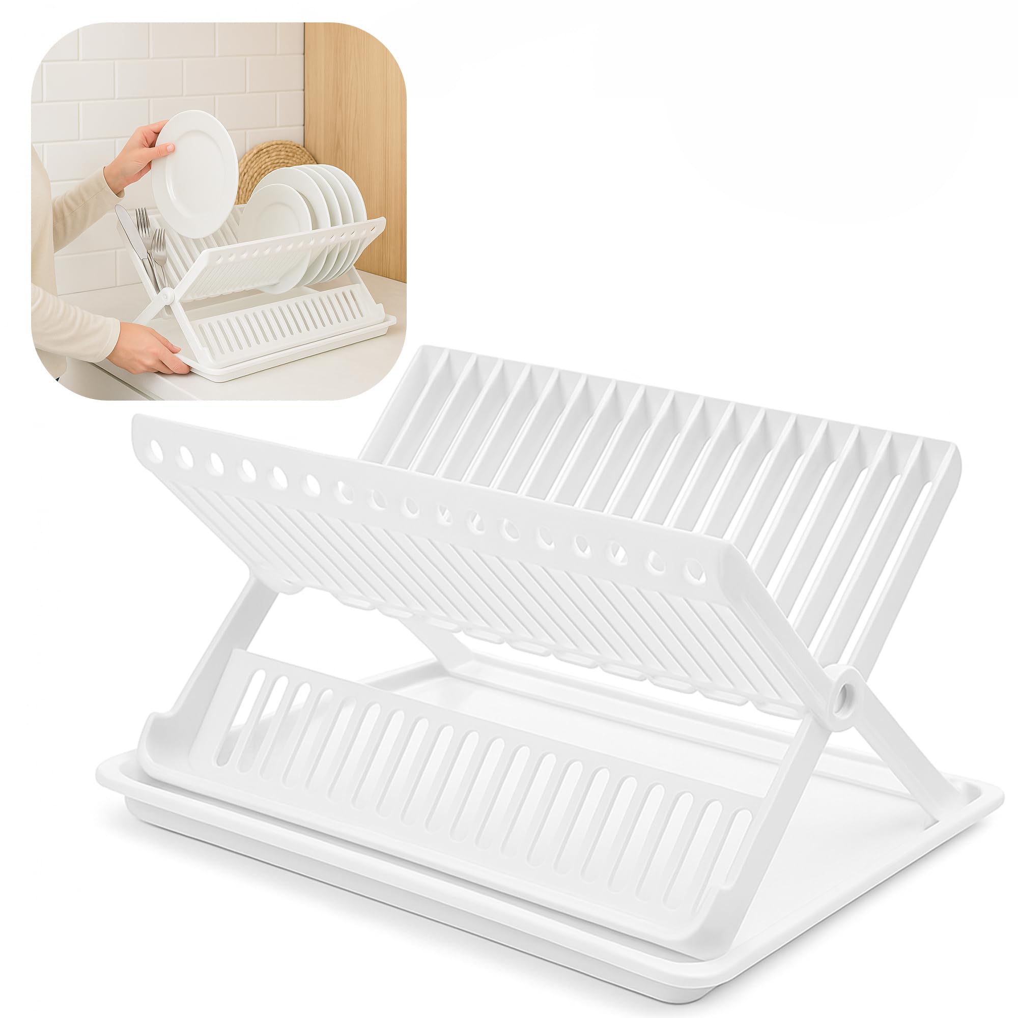 plastific Folding Dish Drainer With Tray Dish Drainer With Drip Tray Cutlery Holder Folding Dish Drainer and Plate Drying Rack With Cutlery Holder (White)