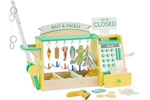 Teamson Kids Fishing Shop Playset with Cash Register & Scanner, Wooden Role Play Counter for Toddlers, Pretend Market Toy with Fish & Accessories, STEM Gift for Ages 3+