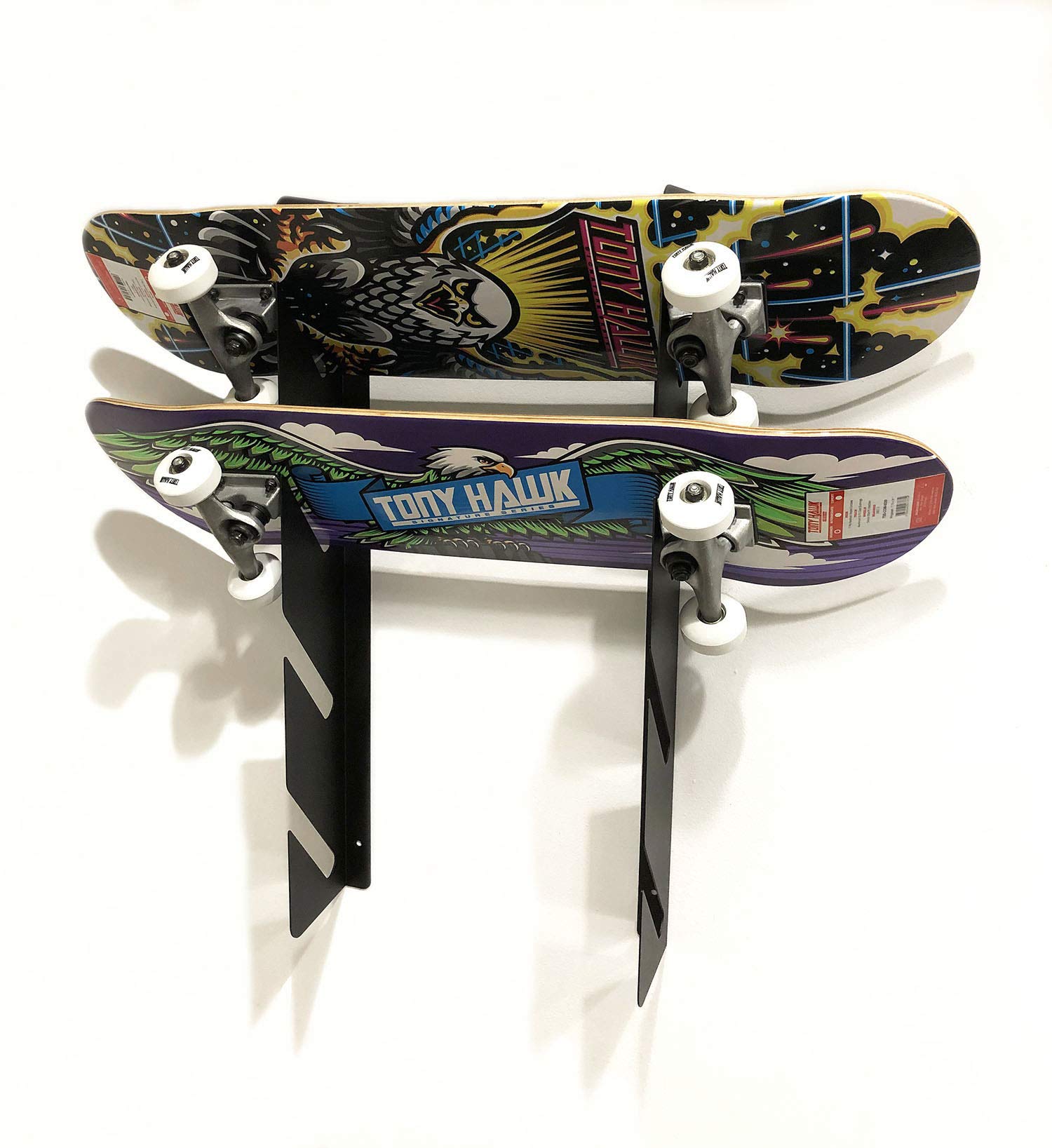 BlackSteel Wall Mount Skateboard Indoor Storage and Display Brackets Indoor Outdoors for Skateboard, Longboard or Mini Board - Two Brackets Holds Up-To 4 (Black)