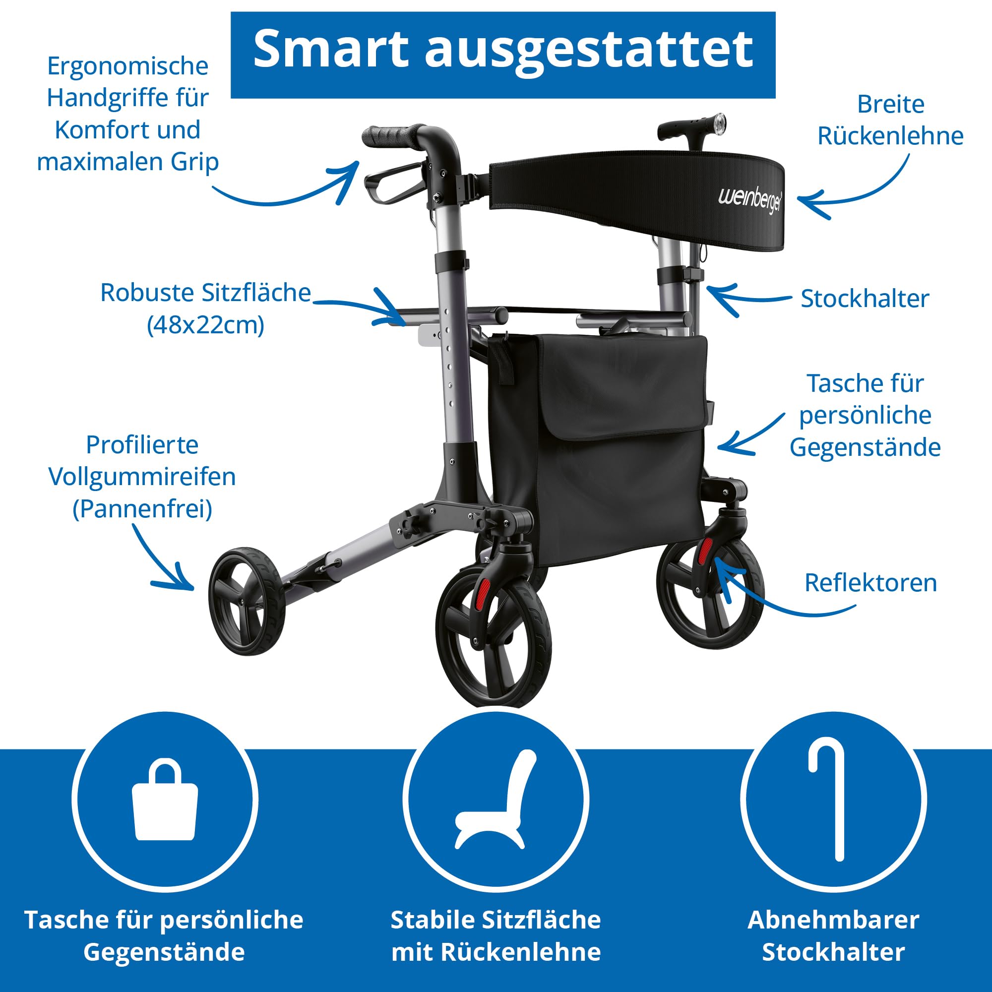 Weinberger Alu-Rollator, 3-fach faltbar, klein, klappbar, einfach, leicht Transport, Medizinprodukt Klasse 1, für Drinnen und Draußen, Leichtgewicht: 7,6 kg, Gehwagen, Gehhilfe, 02394 3