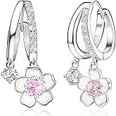 S925 Sterling Silver Cherry Blossom Hoop Earrings - Flower Dangle Huggie Earrings with Pink Cubic Zirconia Hypoallergenic Sakura Floral Romantic Jewelry for Daughter Women Mom Wife Birthday