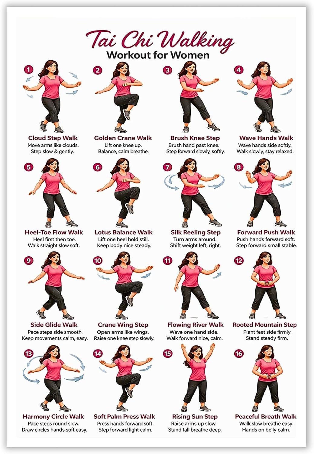 Tai Chi Walking Workout for Women Poster Balance & Mindful Movement Exercise Chart(8x12inchs，Unframed)