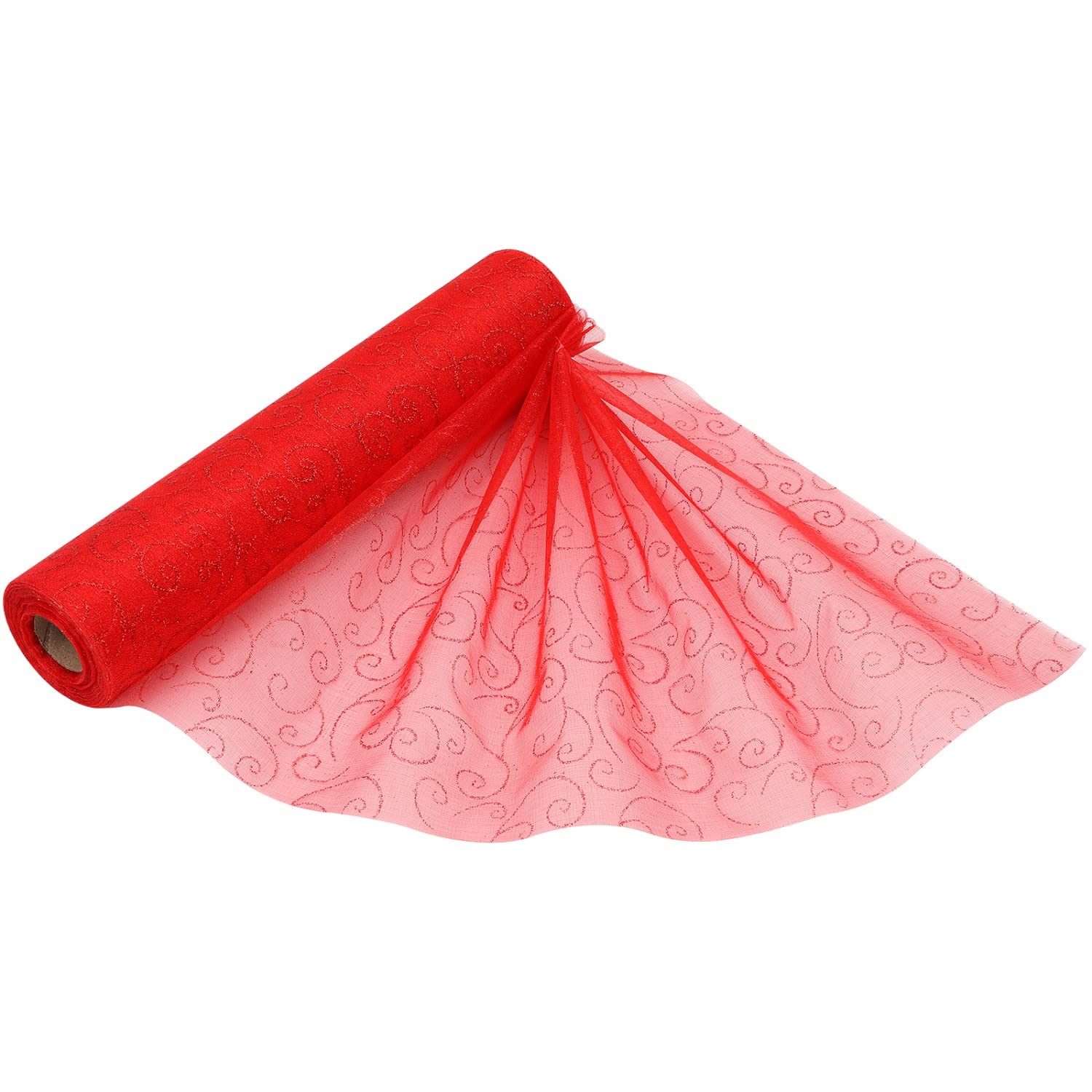 25m x 29cm Organza Roll Sparkle Snow Sheer Glitter Fabric with Flocked Swirl Design for Wedding Venue, Chair Bow Sash, Table Runner, Xmas Tree, Christmas Wreath, Gift Wrapping, Party Decoration, Red