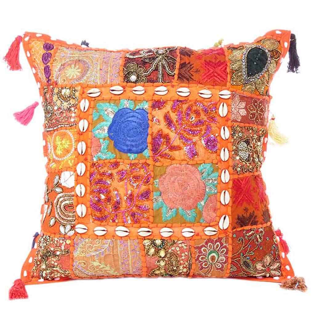 Eyes of India Decorative Patchwork Boho Throw Pillow Cover, Colorful Cushion Case for Sofa Couch, Bohemian Handmade Accent Bedroom Living Room, 20x20 inch (50x50 cm), Orange