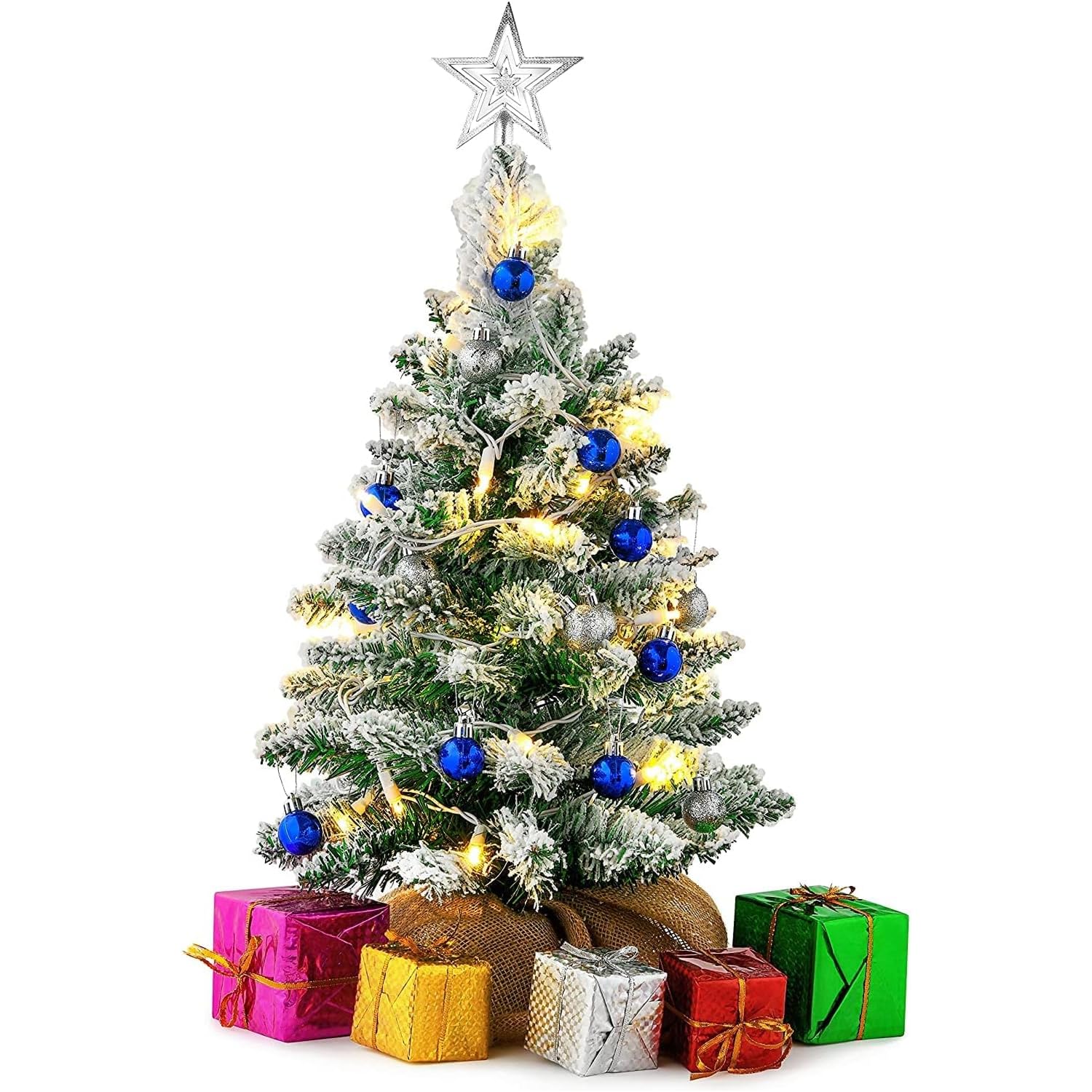 Photo 1 of Prextex White Snow Flocked Christmas Tree - 23 Inch Small Christmas Tree with Lights, Ornaments, Star Topper, and Gift Boxes - 2 Ft Mini Tabletop Xmas Trees for Indoor and Outdoor Holiday Decor