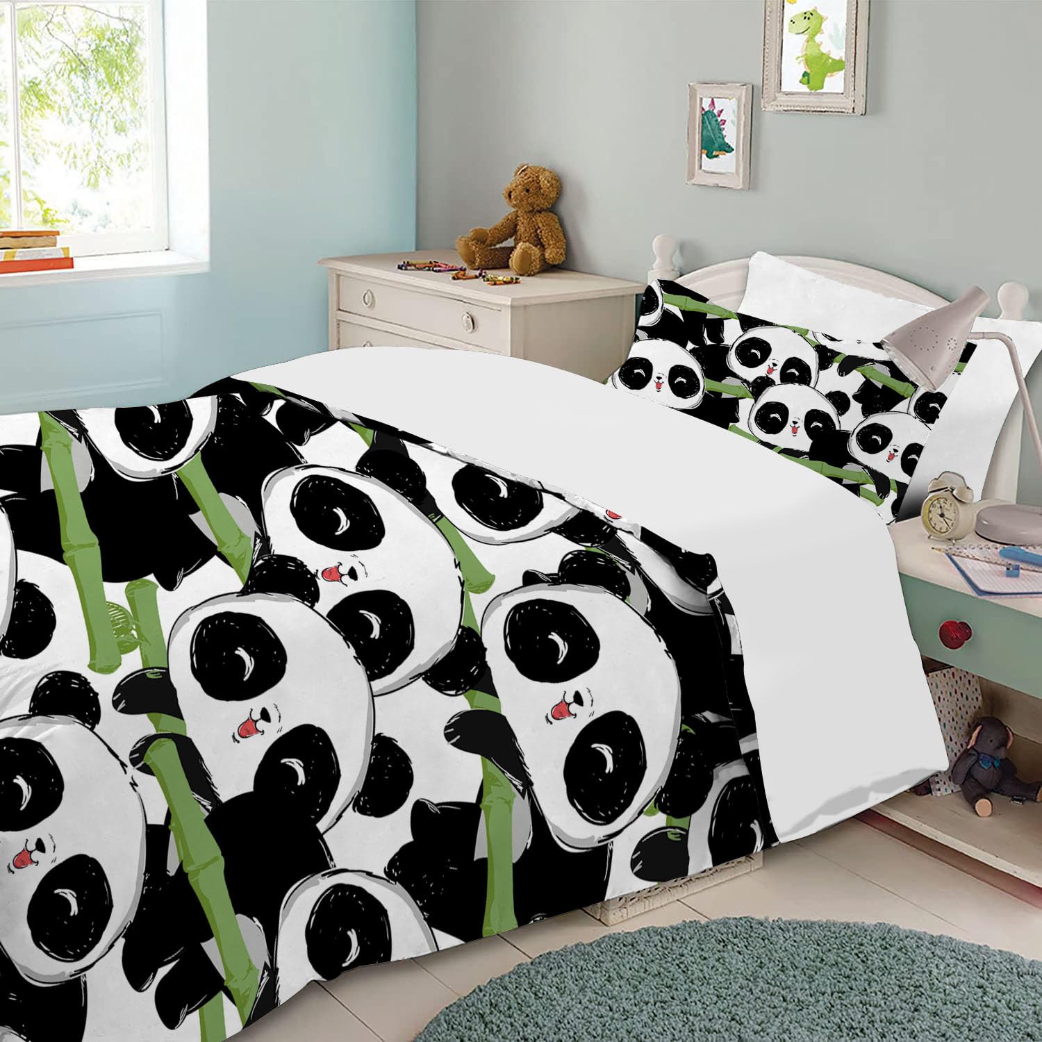 Yasida Panda Bedding Boys Duvet Sets For Single Bed With Cute Panda And Bamboo Elements For Children/Teenagers Black And White Duvet Covers With Zip Fastening For Cute Bedding Bedroom Collection