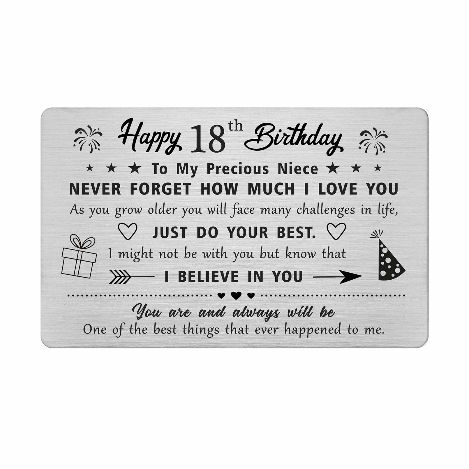 FALOGI Niece 18th Birthday Cards - Happy 18 Year Old Birthday Card for Niece - Birthday Gifts for 18 Year Old Niece, Metal Engraved Wallet Card