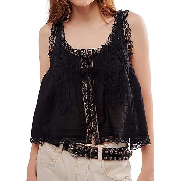 トップス Suede Touch BustierPuff See-through Cami Women Lace Trim Vest Tank Tops Semi Sheer Tie Button Front